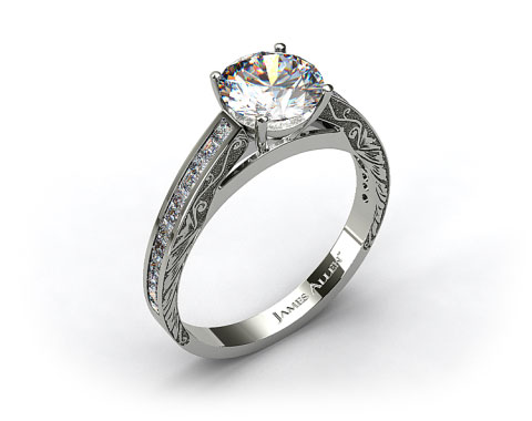 Platinum Engraved Channel Set Princess and Carre Shaped Diamond Engagement Ring